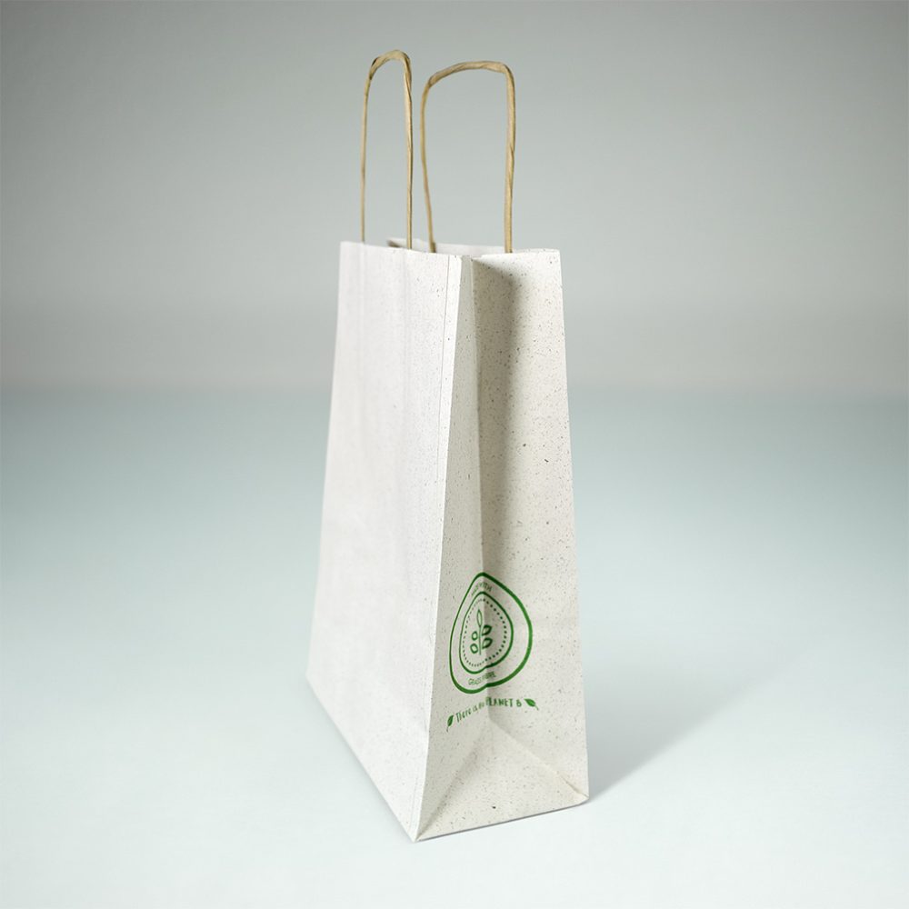 Recycled Grass Paper Bags with Twisted Cord Low Co2 Impact 18x8x22cm
